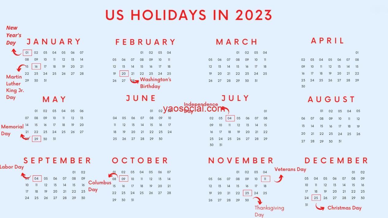 美国节日时间表2023年,美国假期表法定节假日